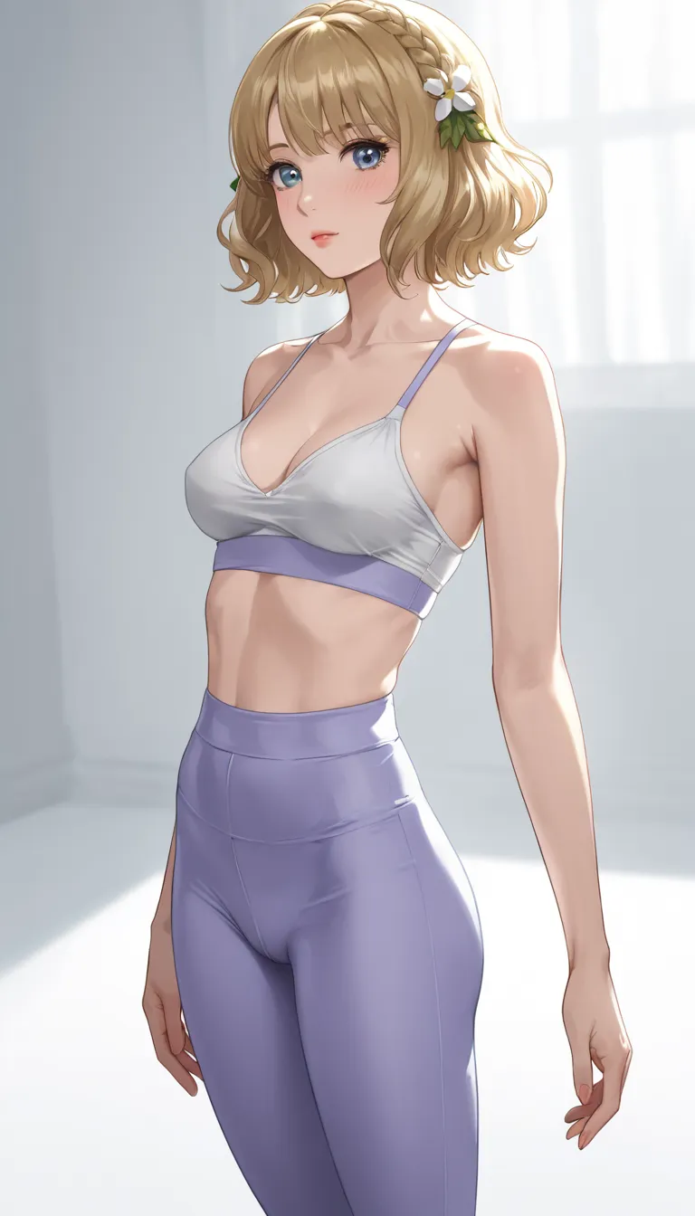 Adult AI artwork: A sexy young woman wearing tight yoga pants, standing in a dynamic yoga pose, fit body, slim waist, beautiful curves, natural lighting, high