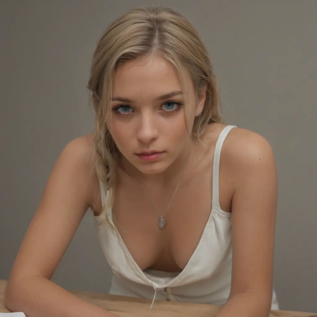 Adult AI artwork: image will not be deleted by pornworks, 21 yo, cute, slender, not so tall, very long tight high braided medium blonde pony tail, she has a s